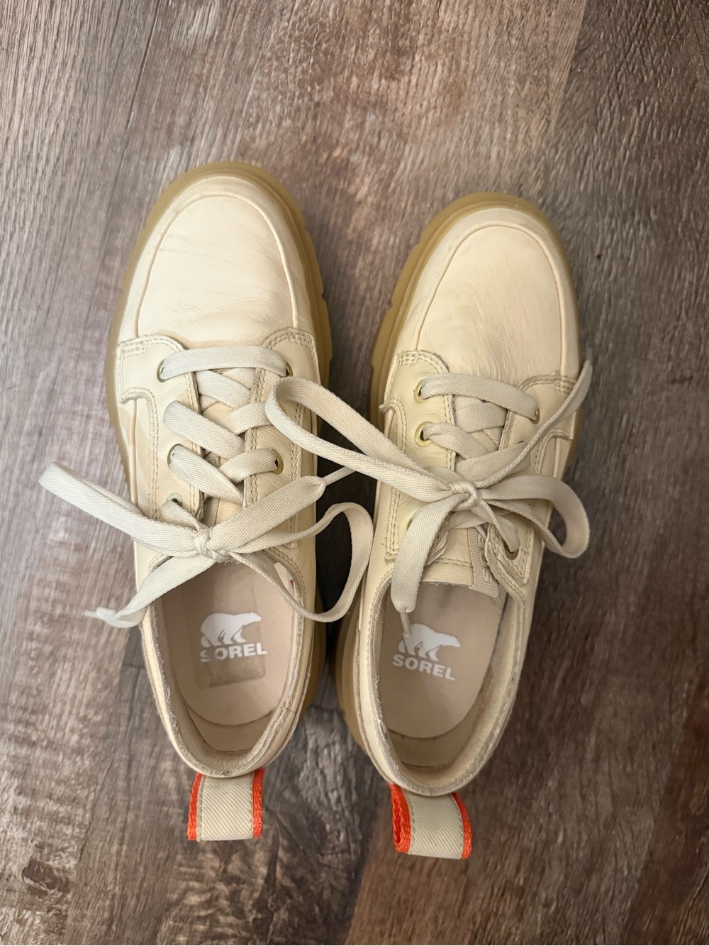 Sorel Cream Leather Sneakers with Orange Heel Tabs